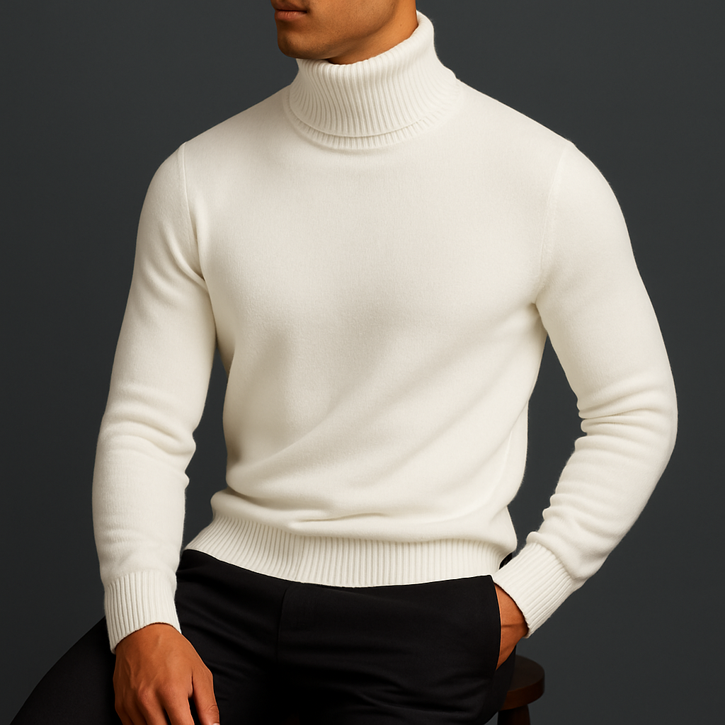 Emiliano ivory turtleneck sweater, styled front view on model