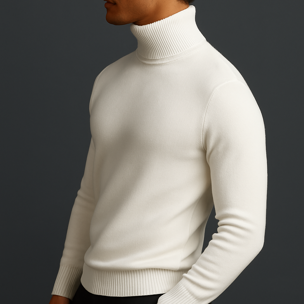 Emiliano ivory turtleneck sweater, side profile view
