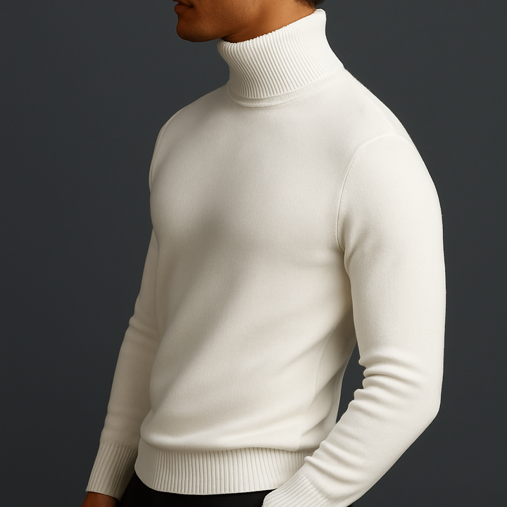 Emiliano ivory turtleneck sweater, side profile view