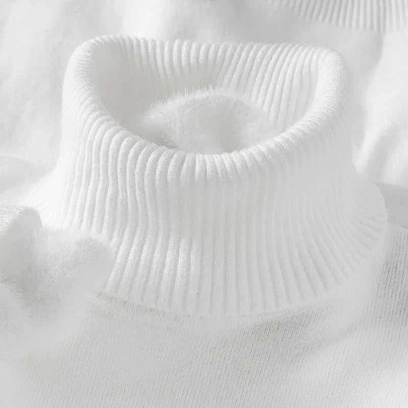 Emiliano white turtleneck sweater ribbed collar close-up detail