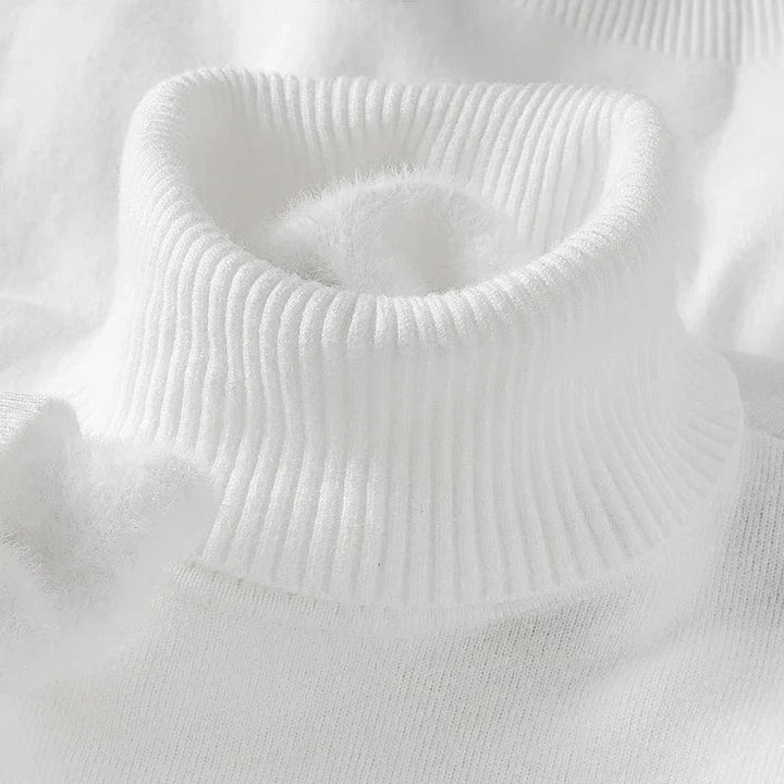 Emiliano white turtleneck sweater ribbed collar close-up detail