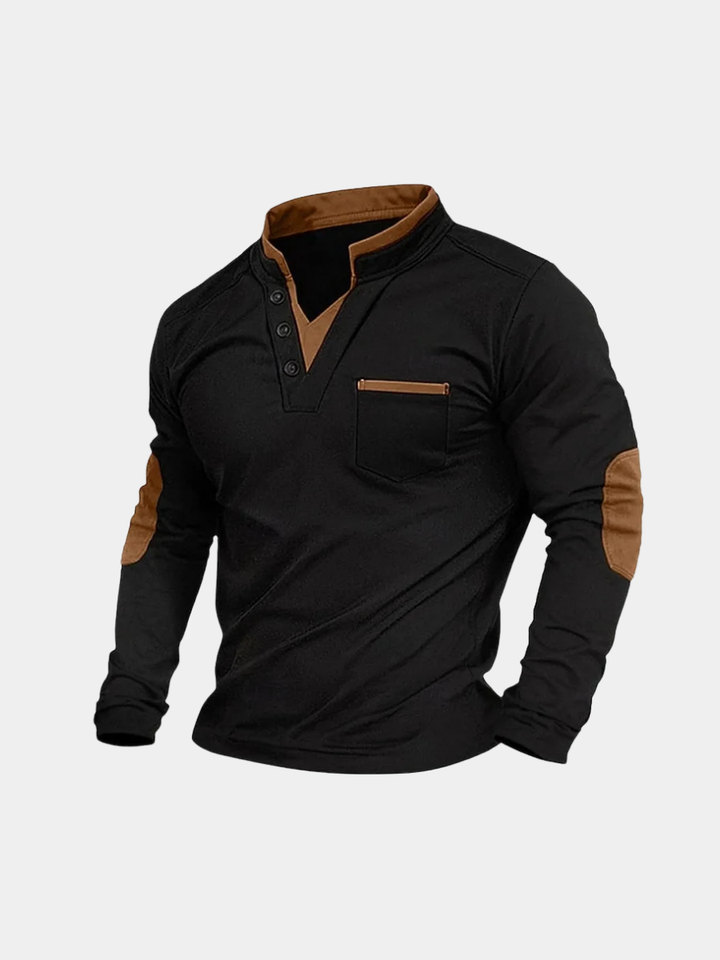 Everett elbow patch button V-neck long sleeve polo, front angled view