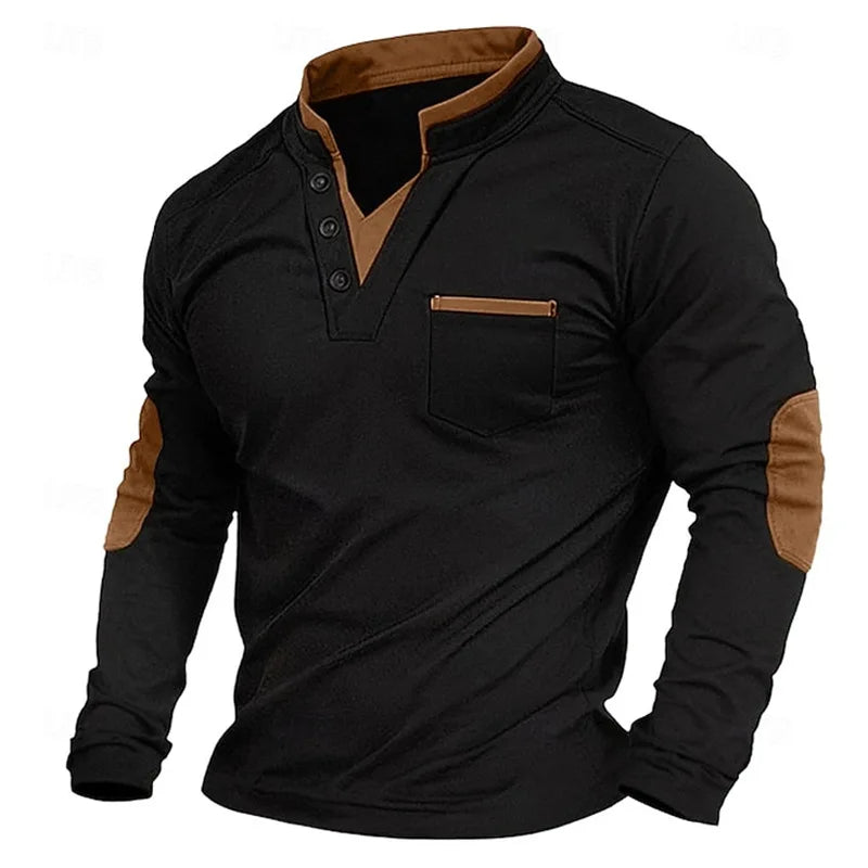 Everett elbow patch button V-neck long sleeve polo, front view