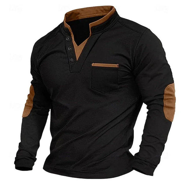 Everett elbow patch button V-neck long sleeve polo, front view
