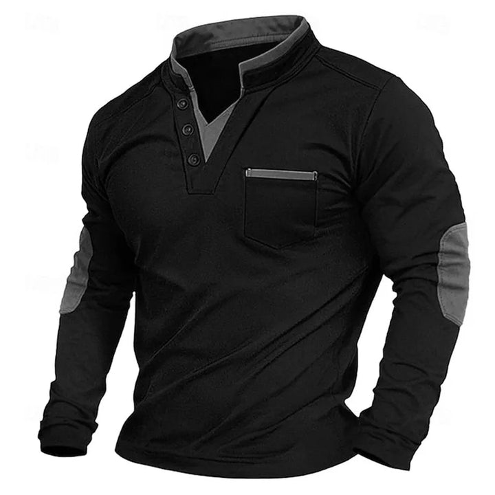 Everett elbow patch button V-neck long sleeve polo in gray, front angled view