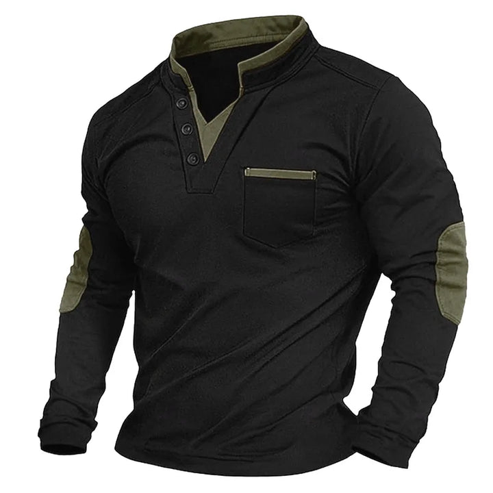 Everett elbow patch button V-neck long sleeve polo in olive green, front angled view