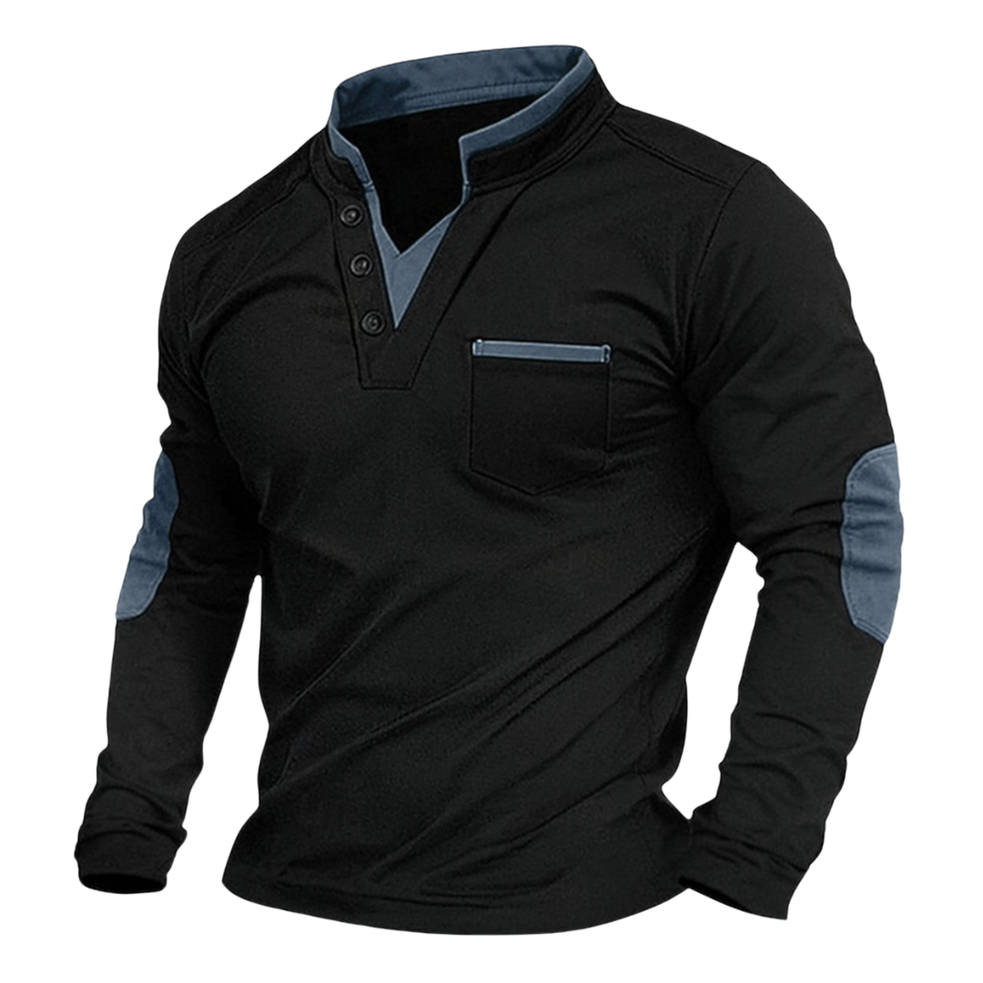 Everett elbow patch button V-neck long sleeve polo in blue, front angled view