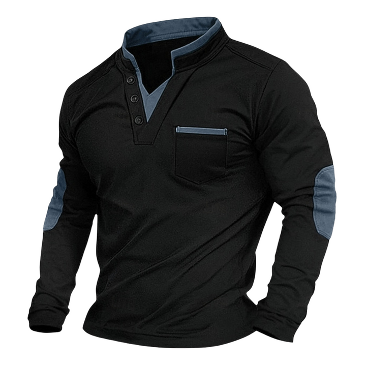 Everett elbow patch button V-neck long sleeve polo in blue, front angled view