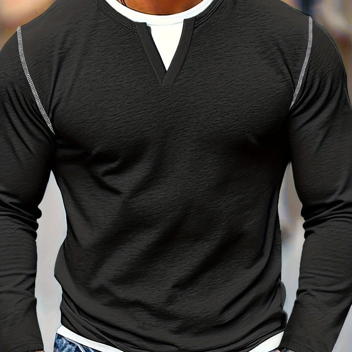 Everett notch neck henley shirt, close-up front view on model