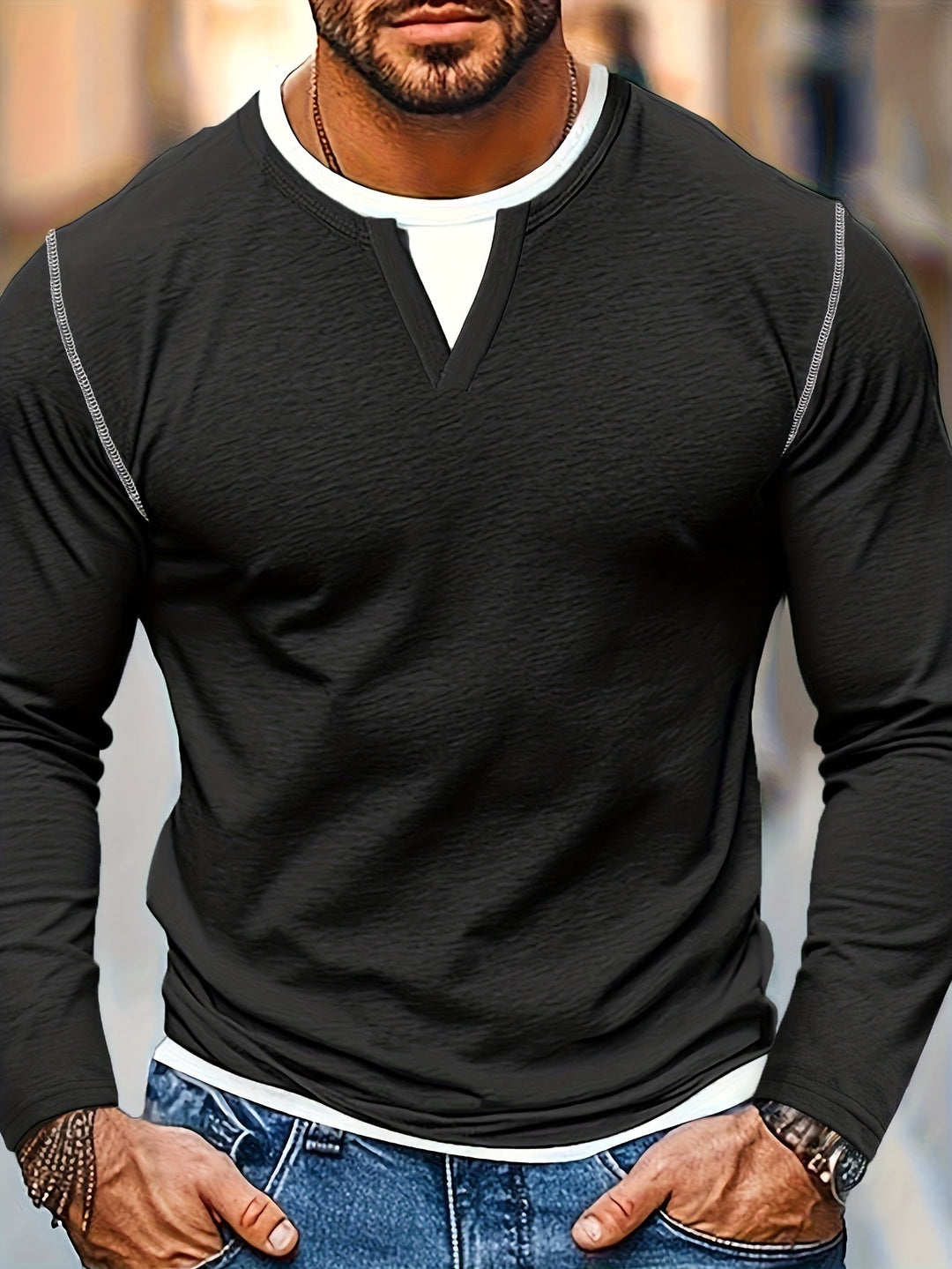 Everett long sleeve henley shirt, front view on model