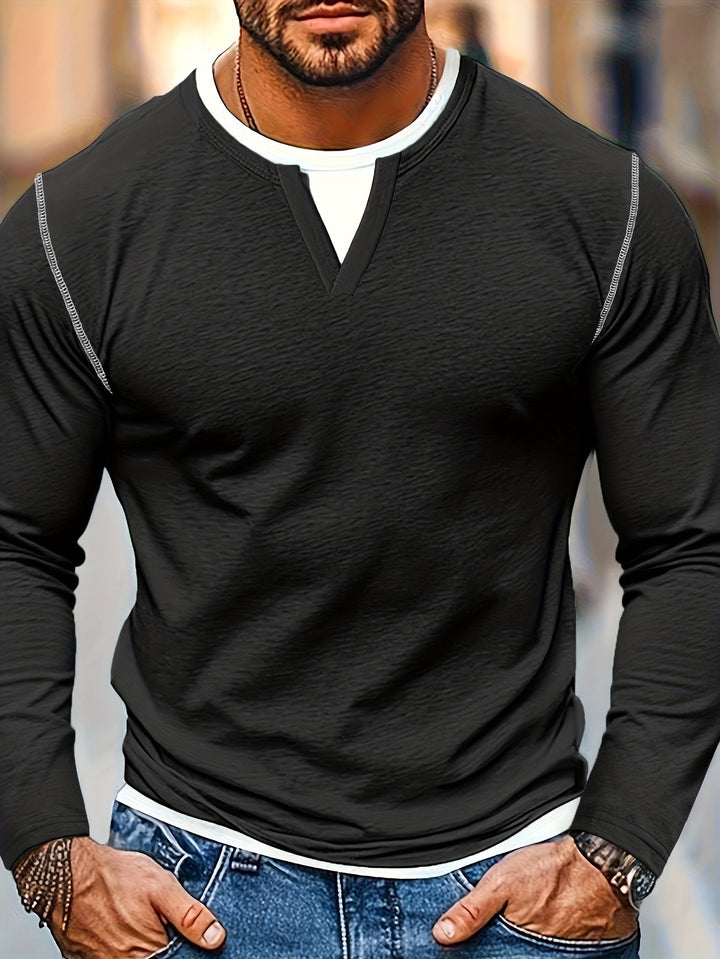 Everett long sleeve henley shirt, front view on model