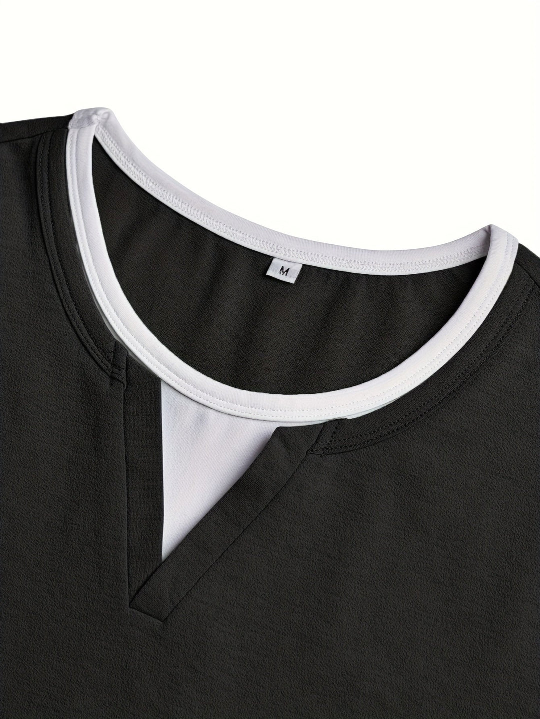 Everett henley shirt, close-up of notch neckline and contrast stitching