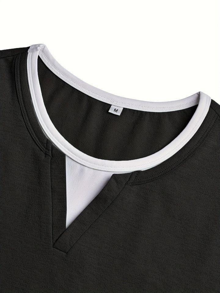 Everett henley shirt, close-up of notch neckline and contrast stitching