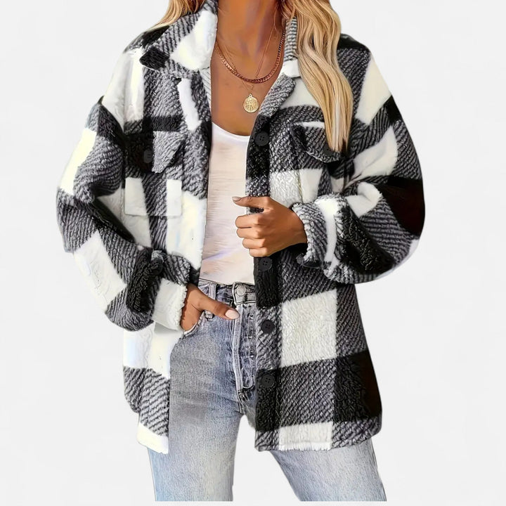 Everleigh checkered plush jacket in black and white, close-up front view