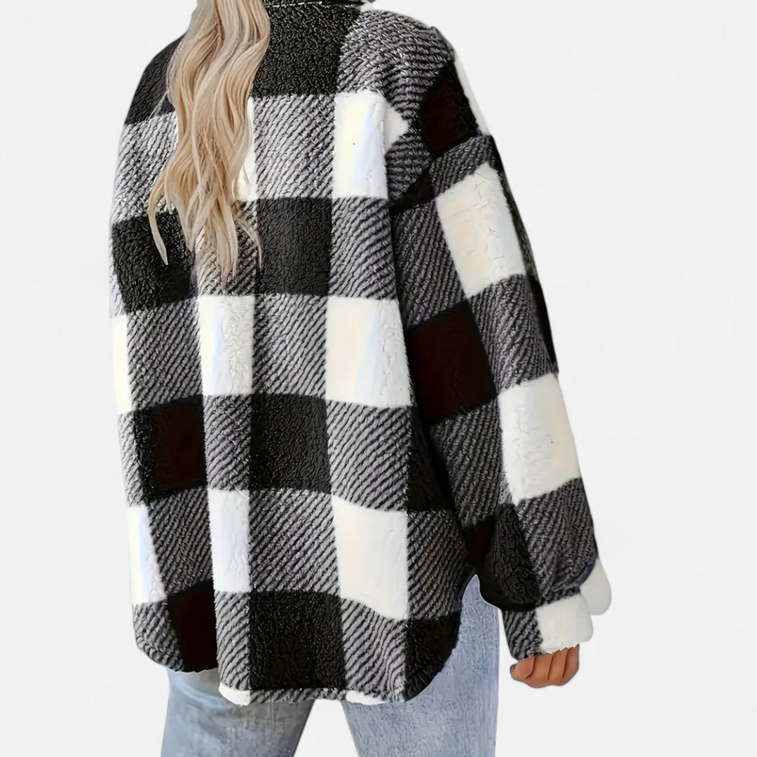 Everleigh checkered plush jacket in taupe and white, front view