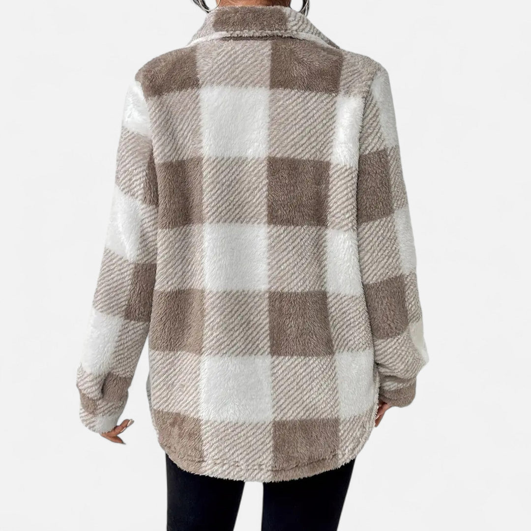 Everleigh checkered plush jacket in taupe and white, front view