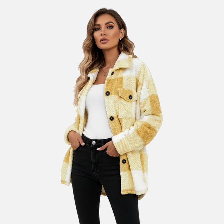 Everleigh checkered plush jacket in yellow and white, front view