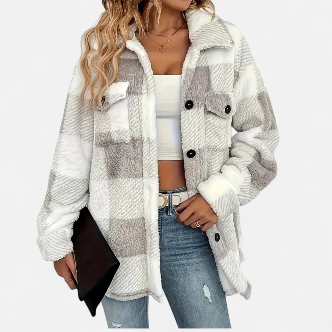 Everleigh checkered plush jacket in grey and white, close-up front view