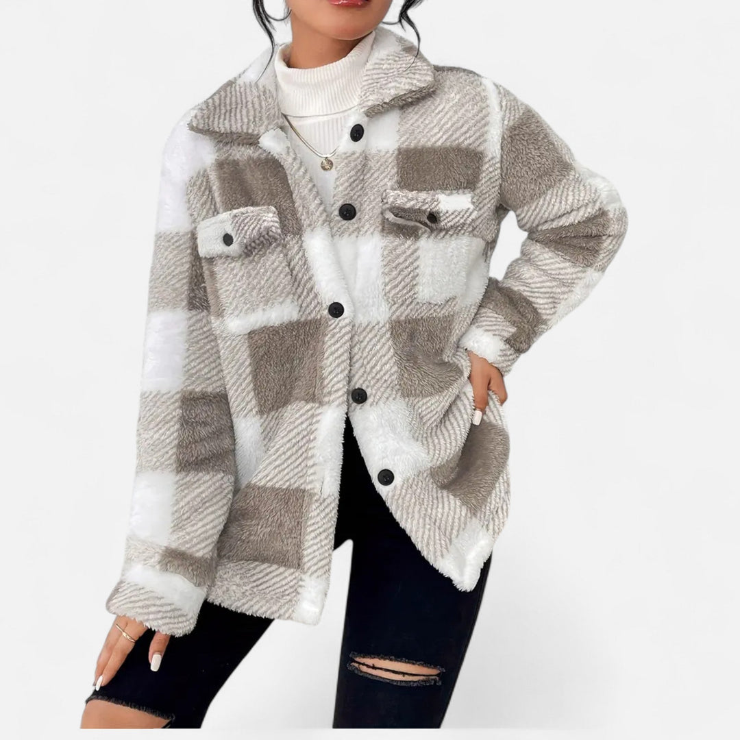 Everleigh checkered plush jacket in taupe and white, front view