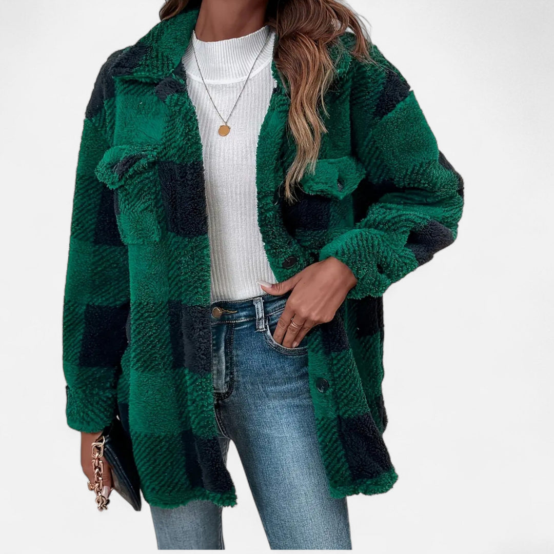 Everleigh checkered plush jacket in taupe and white, front view