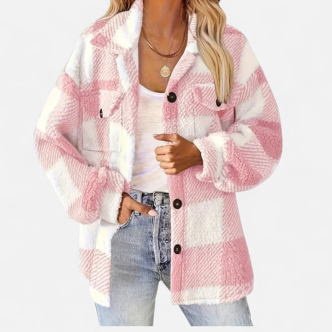 Everleigh checkered plush jacket in taupe and white, front view