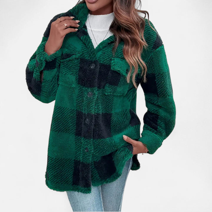 Everleigh checkered plush jacket in taupe and white, front view