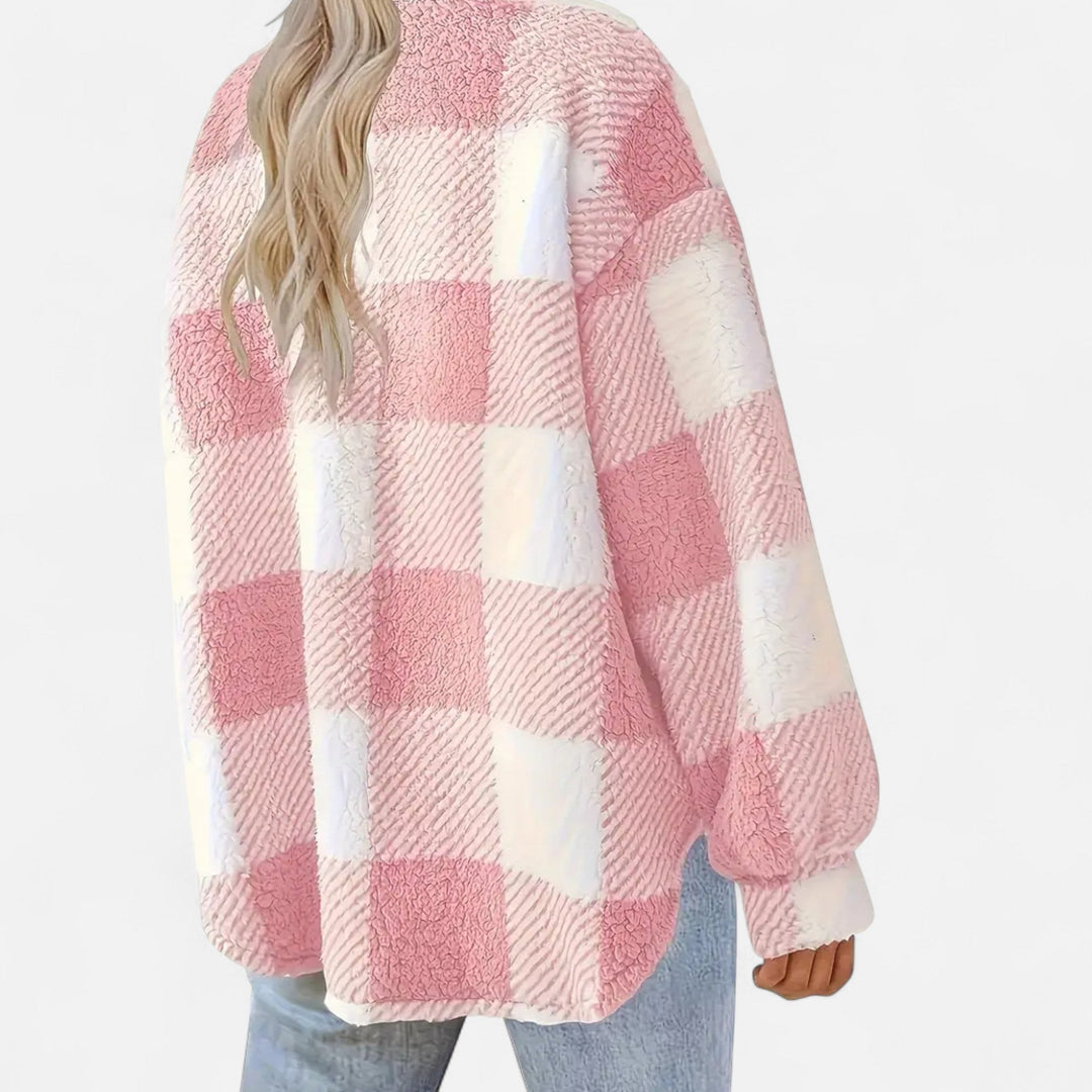 Everleigh checkered plush jacket in taupe and white, front view