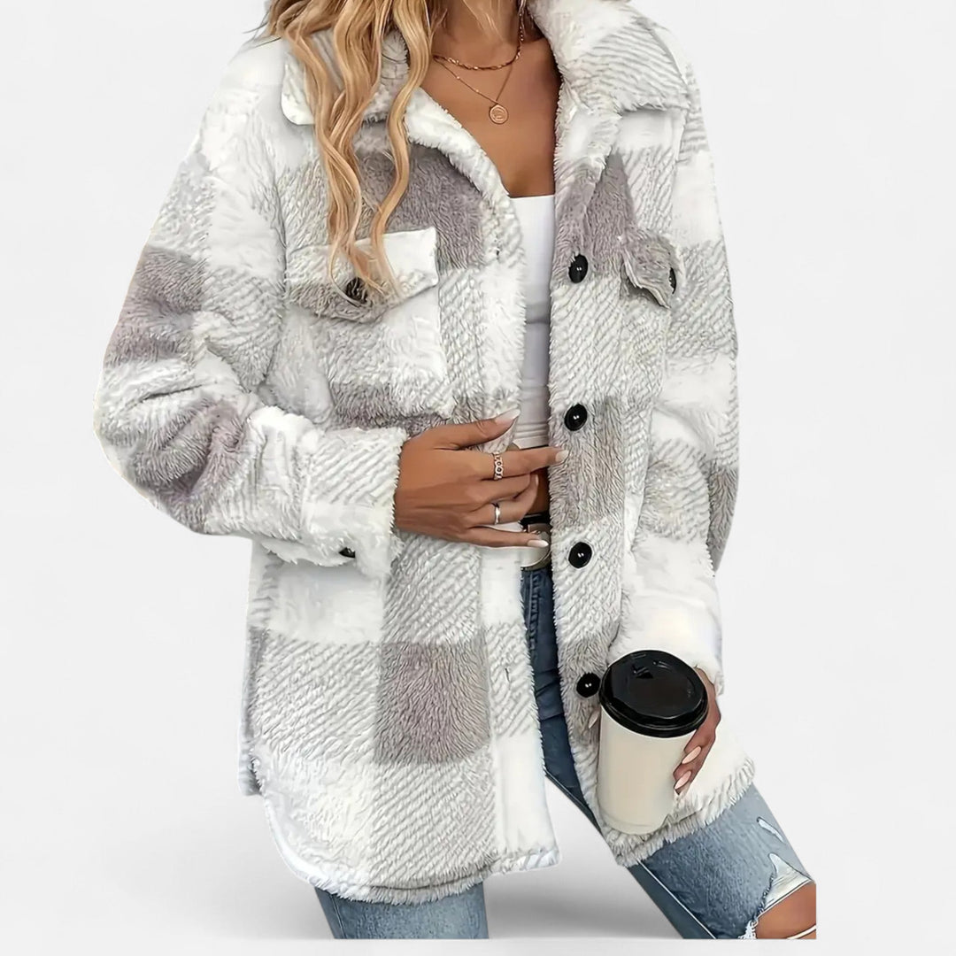 Everleigh checkered plush jacket in taupe and white, front view