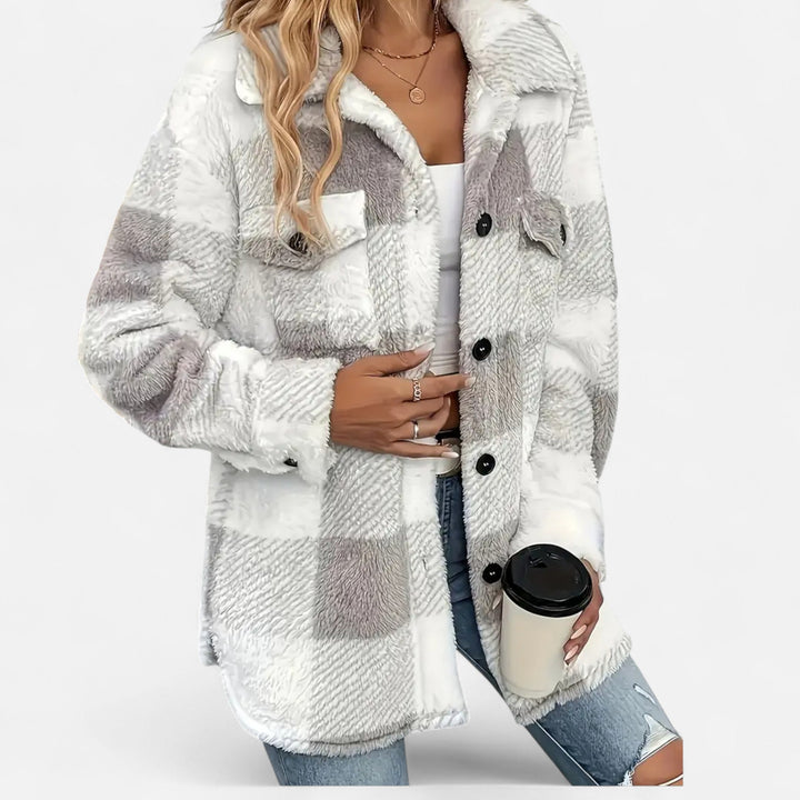Everleigh checkered plush jacket in taupe and white, front view