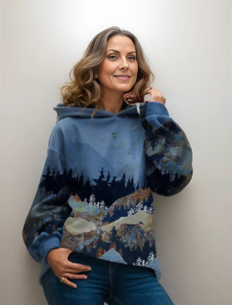 Everlyn mountain print hooded sweatshirt, front view close-up