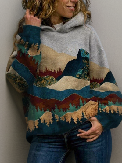 Everlyn nature print hoodie in gray colorway, side detail
