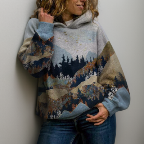 Everlyn nature print hoodie in gray colorway, side detail