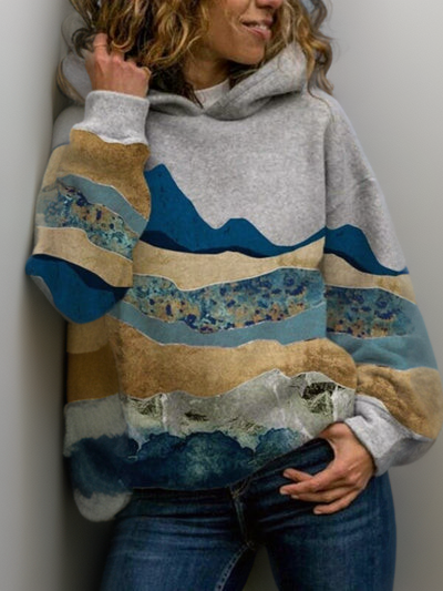 Everlyn nature print hoodie in gray colorway, side detail
