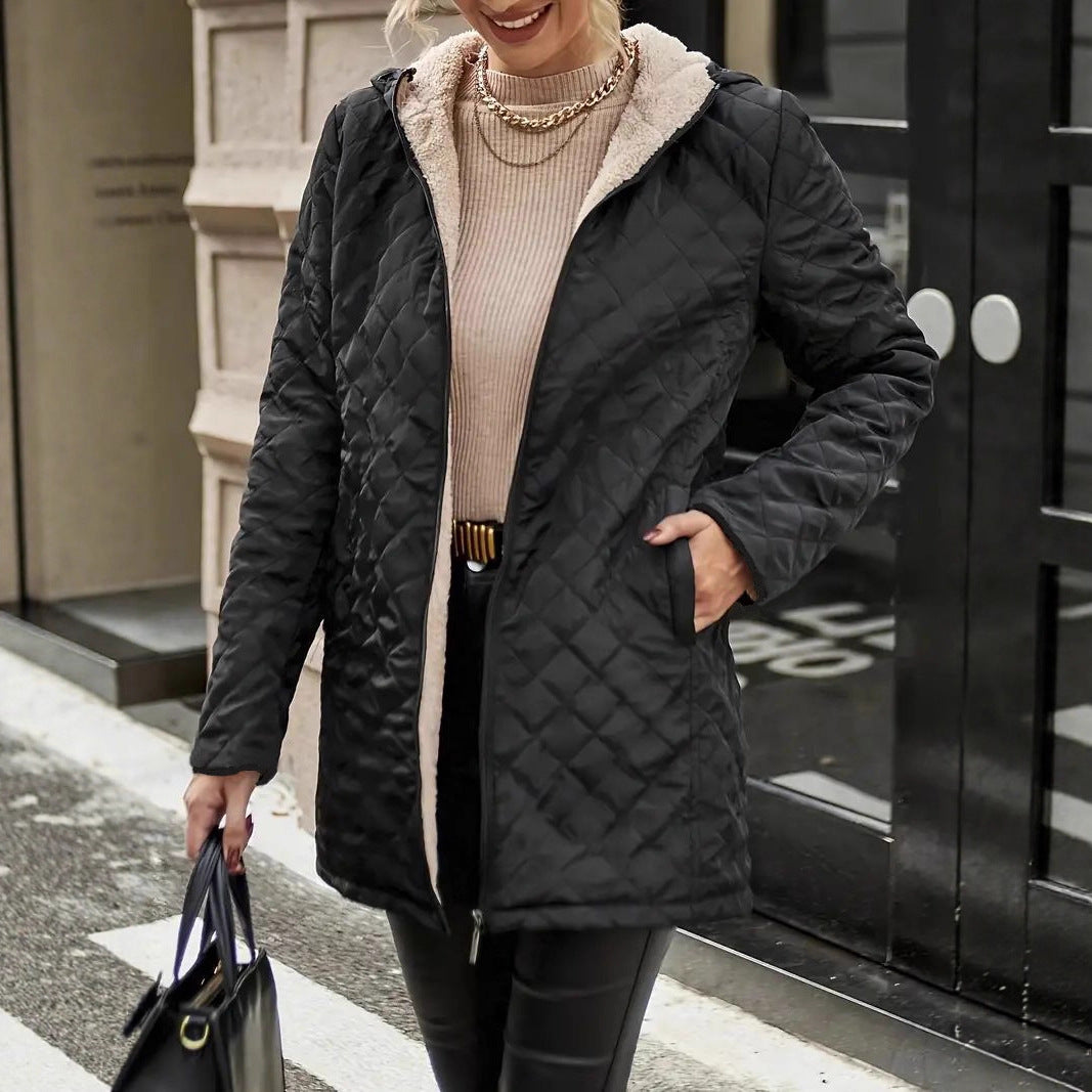 Fenella quilted hooded puffer jacket, hands in pockets front view