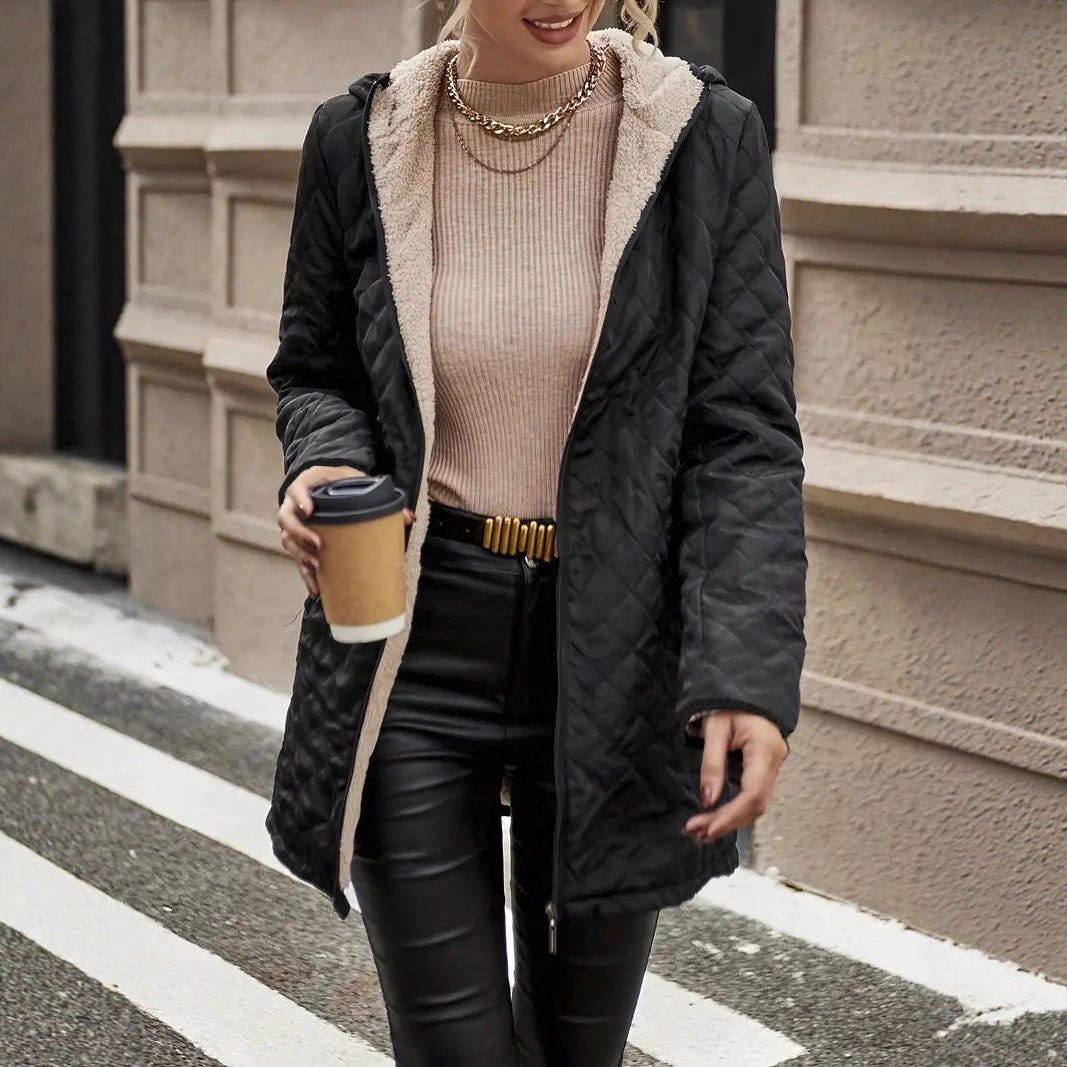 Fenella quilted hooded puffer jacket, holding coffee cup front view