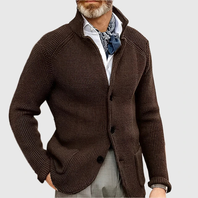 Man wearing brown stand collar button front knit cardigan, close-up