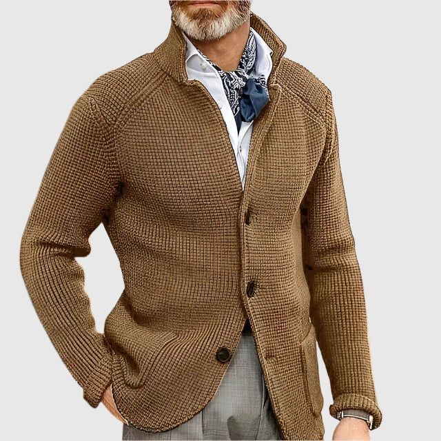 Man wearing camel stand collar button front knit cardigan, close-up