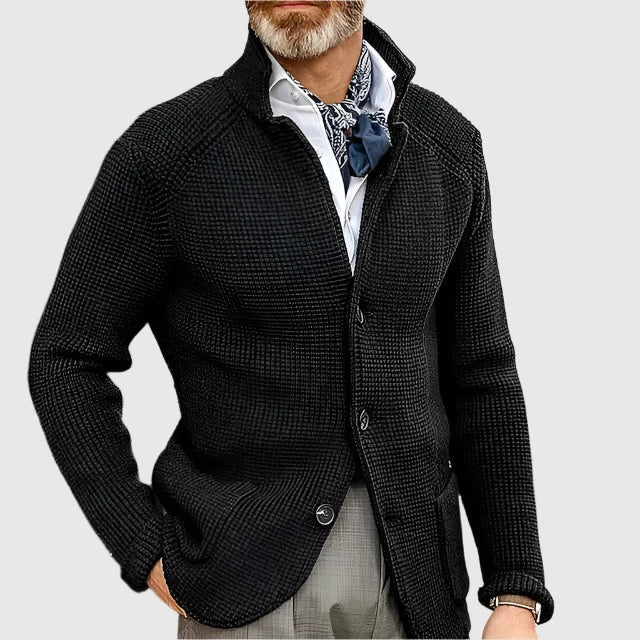 Man wearing black stand collar button front knit cardigan, close-up alternate