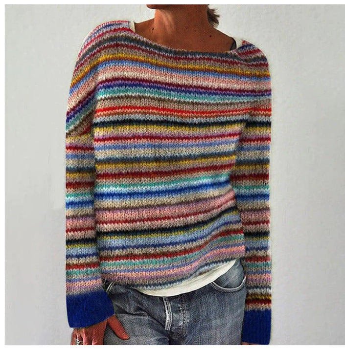 Fernanda striped crew neck sweater, front view with blue cuffs