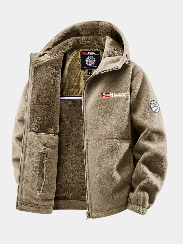 Ferris hooded fleece jacket in khaki, front view unzipped