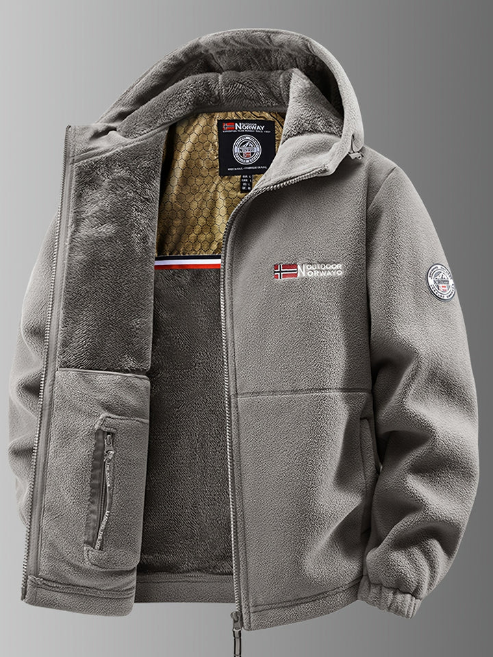 Ferris hooded fleece jacket in gray, front view unzipped