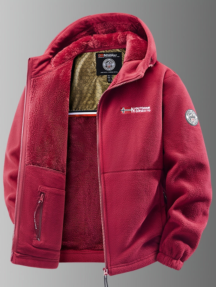 Ferris hooded fleece jacket in red, front view unzipped