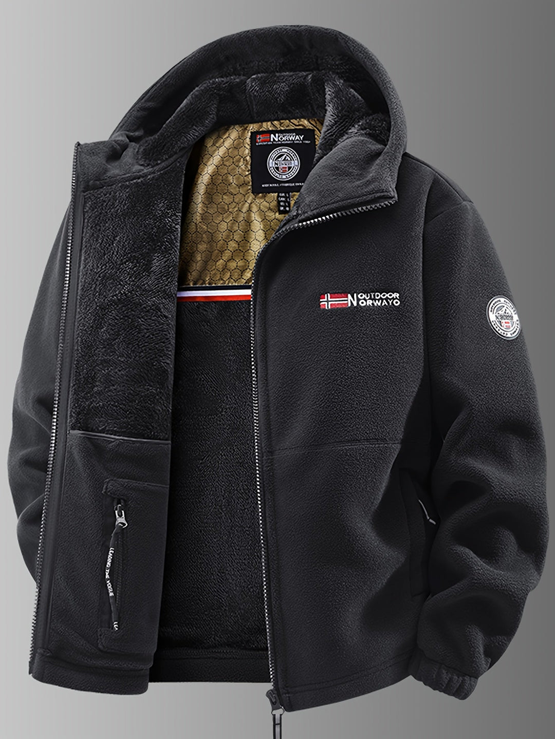 Ferris hooded fleece jacket in black, front view unzipped