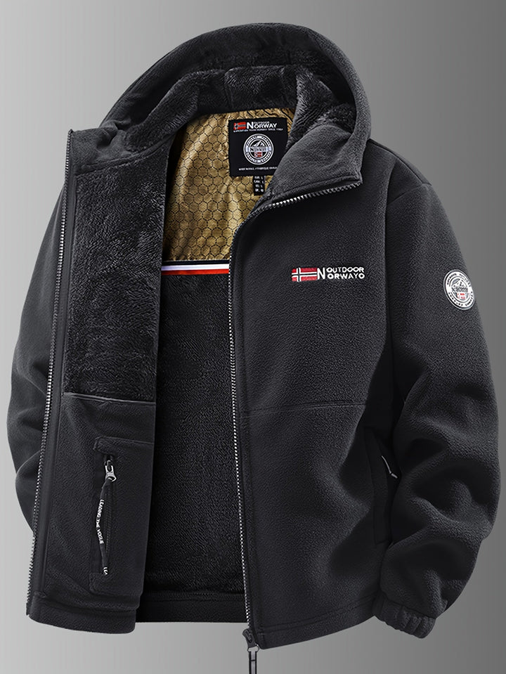 Ferris hooded fleece jacket in black, front view unzipped