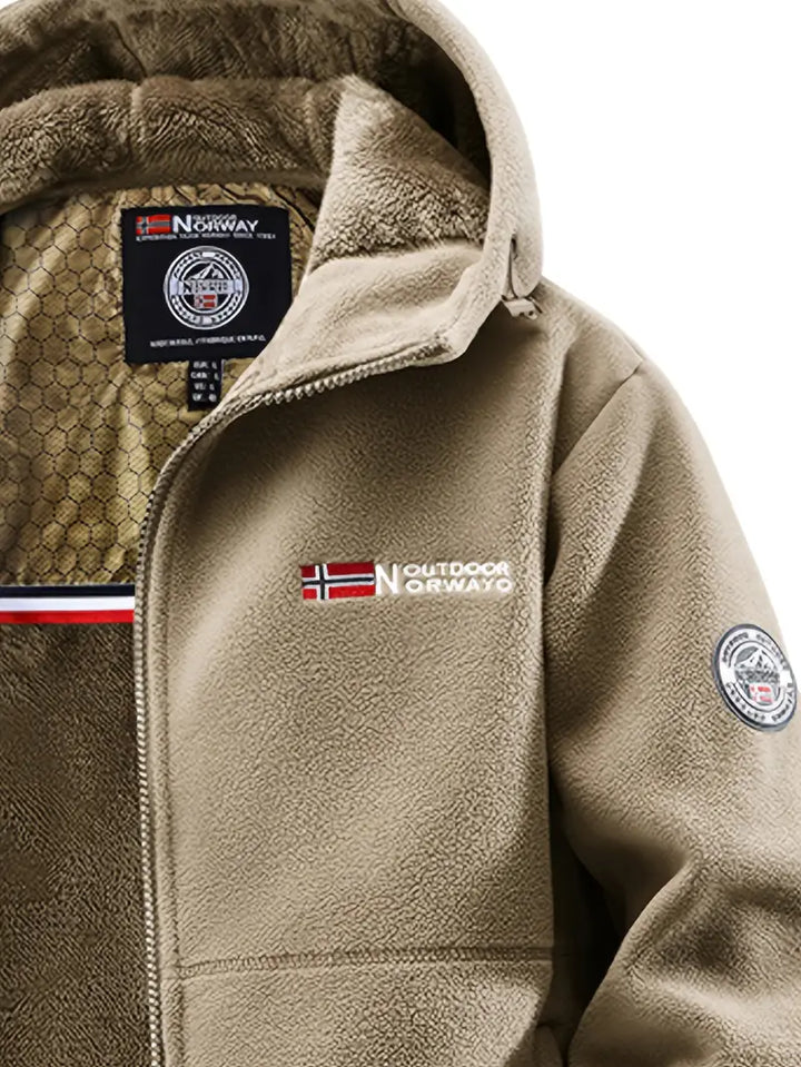 Ferris hooded fleece jacket in khaki, close-up on chest logo and hood