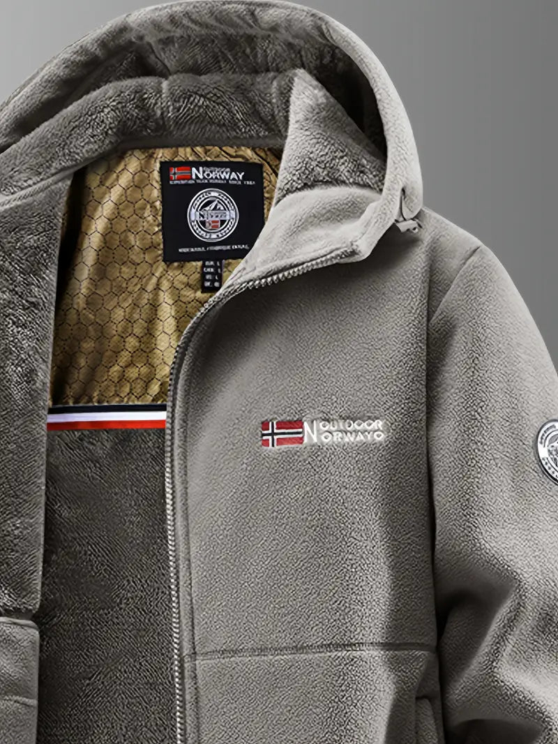 Ferris hooded fleece jacket in gray, close-up on collar and hood