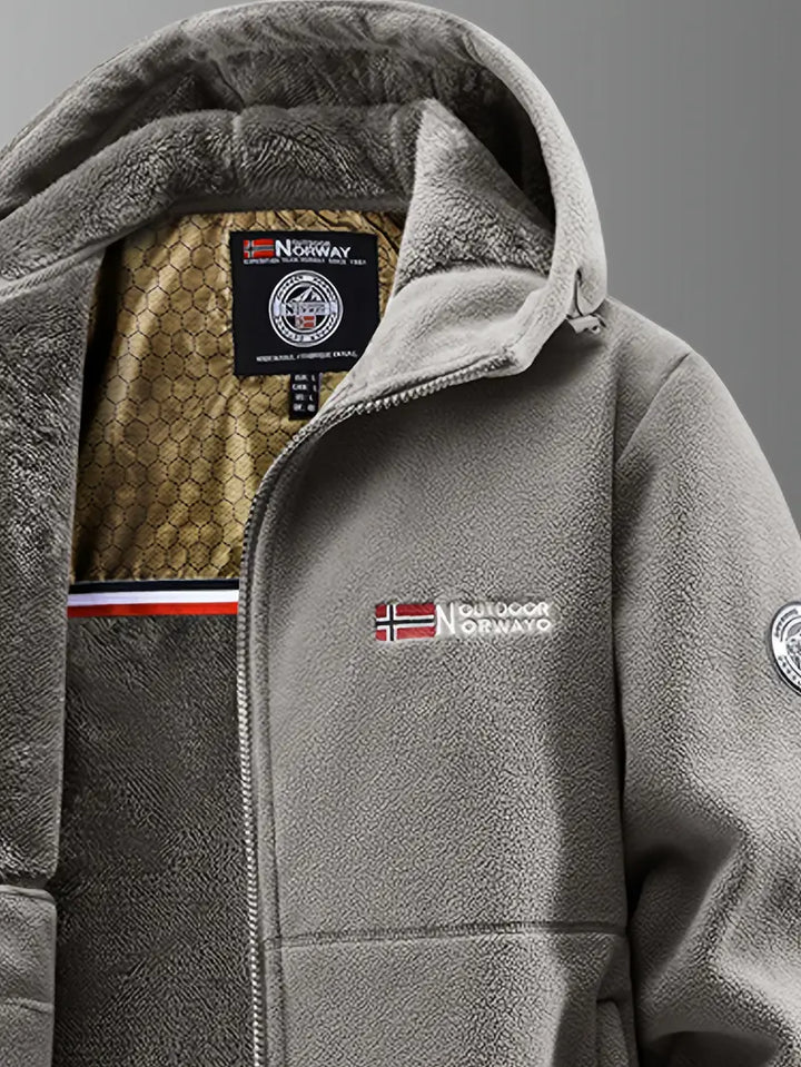 Ferris hooded fleece jacket in gray, close-up on collar and hood