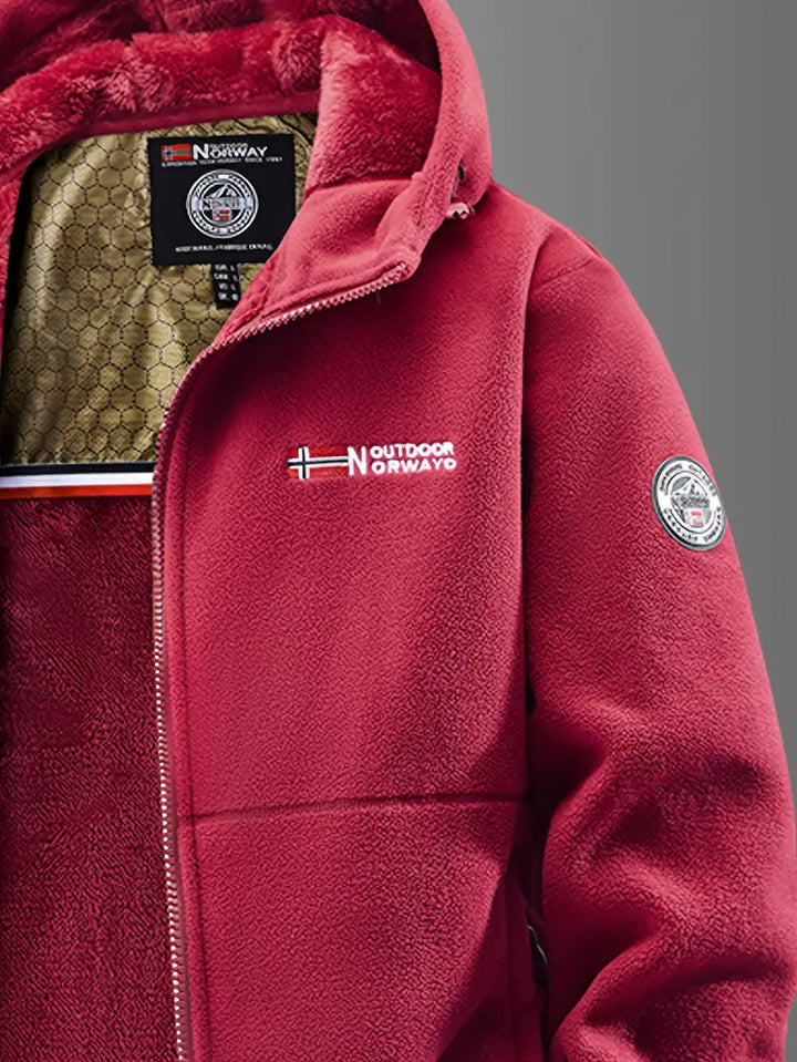 Ferris hooded fleece jacket in red, close-up on chest logo and hood