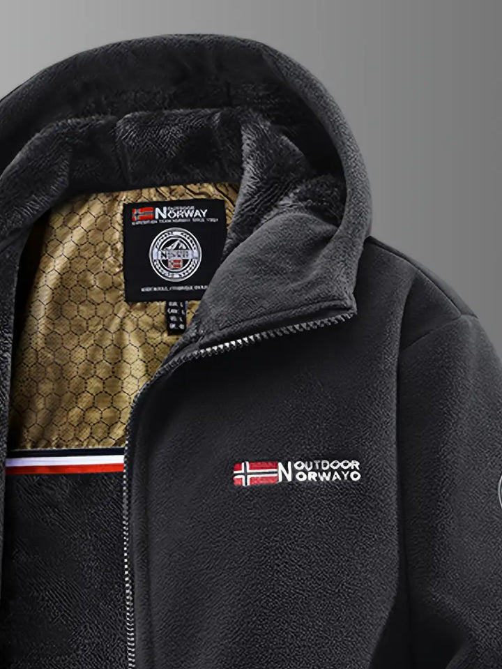 Ferris hooded fleece jacket in black, close-up on collar and hood