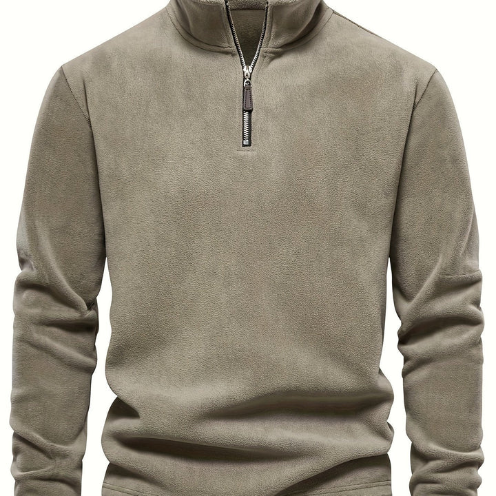 Foster half-zip stand collar fleece pullover in khaki, front view close up